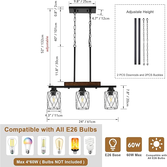 3-Light Dining Room Light Fixture/Chandelier Over Table, Island Lighting Hanging for Farmhouse Linear Chandeliers Matte Black Rustic Wood Ceiling Pendant Light Fixtures, with Clear Glass Shade