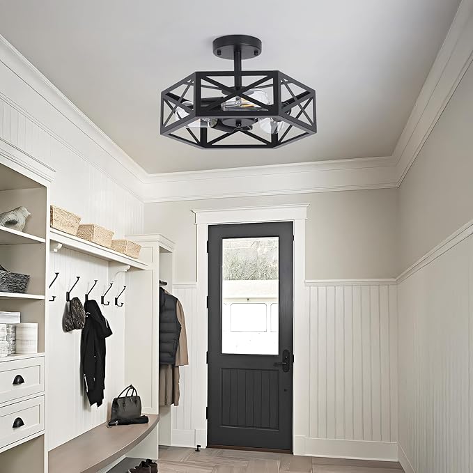 Farmhouse Light Fixtures Ceiling Mount, 3-Light Black Semi Flush Mount Ceiling Light Fixture, Close to Ceiling Hallway Lights, Industrial Rustic Ceiling Lights for Bathroom, Entryway, Kitchen