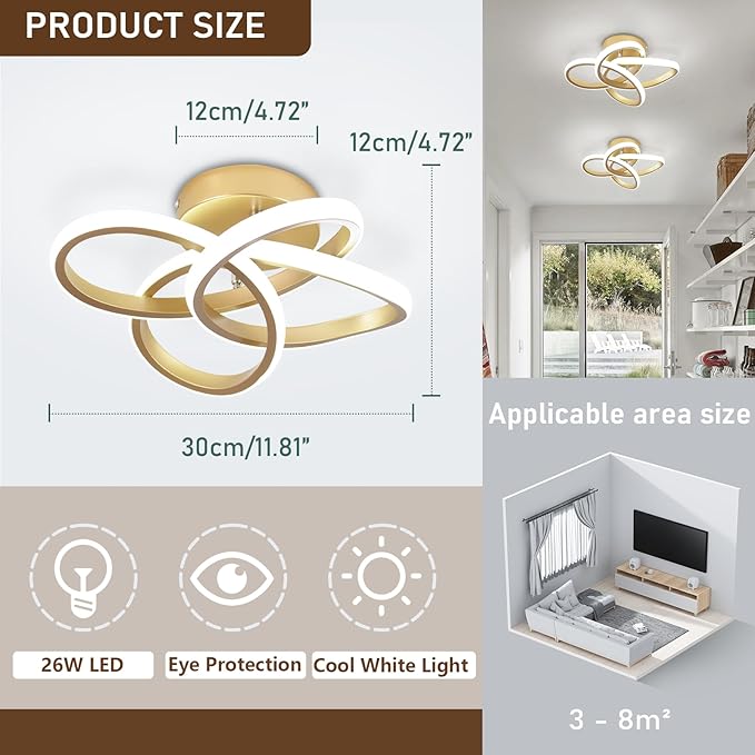 Led Ceiling Light, Gold 30cm Modern Ceiling Lights LED, Simple Curved Ceiling lamp, Ceiling Lighting Fixture for Hallway Bedroom LivingRoom Entryway Balcony Stair - 26W Cool White Light 6000K