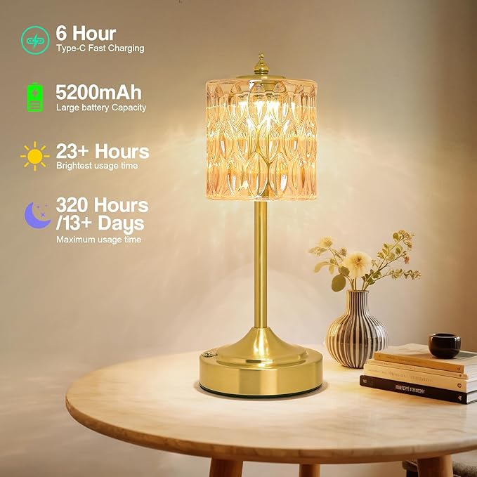 Cordless Crystal Table Lamp, 5200mAh Rechargeable Battery, 3 Color Dimmable Touch Control, Portable Vintage Gold Desk Lamp for Bedroom, Nightstand, Living Room, Home Decor (Amber-2)