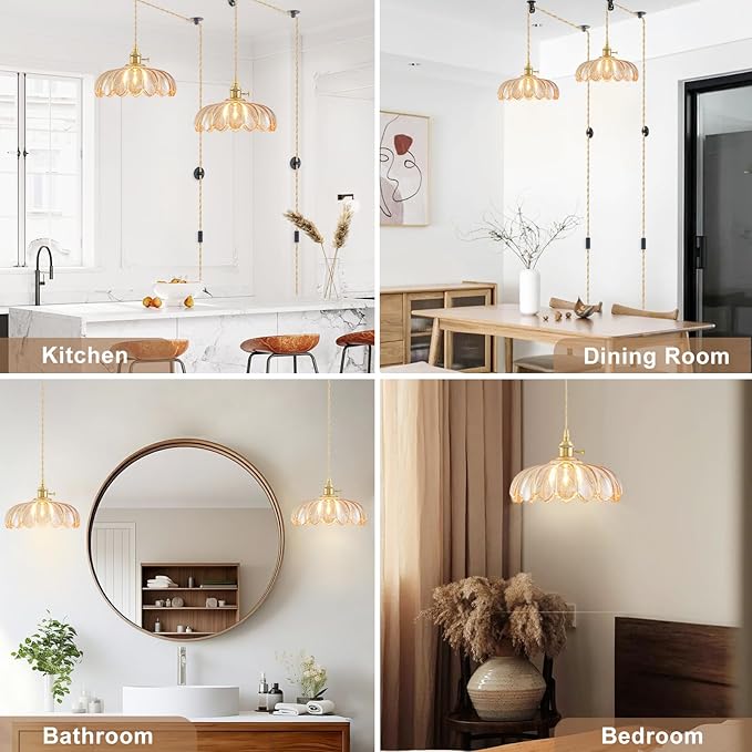 Plug in Pendant Light Fixtures, Hanging Light Fixture Glass Pendant Light, Vintage Amber Hanging Lamp, Pendant Lighting for Kitchen Island, Bedroom, Dining Room, Living Room