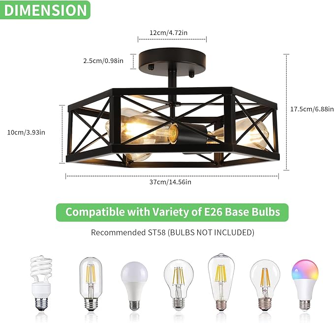WILON Black Flush Mount Ceiling Light for Kitchen Hallway - 3-Light Industrial Close to Ceiling Lighting Farmhouse Metal Cage Light Fixtures Ceiling Mount for Foyer Kitchen Living Room(E26 Socket)
