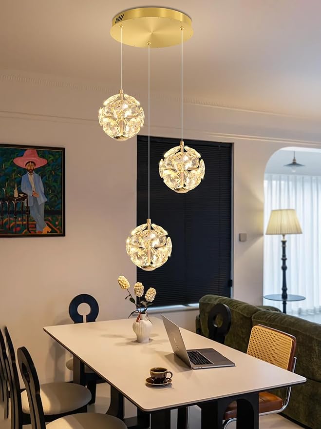 ykolupty Pendant Lights Kitchen Island 3-Light Gold Crystal Island Lights Dining Foyer Entrance Modern Chandeliers LED Dimmable 2700-6000K