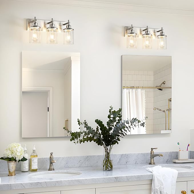 Lanhall 3-Light Brushed Nickel Bathroom Light Fixture Over Mirror Modern Bathroom Vanity Light Vintage Wall Lighting with Clear Glass Shade for Bathroom, Bedroom, Hallway, Cabinet