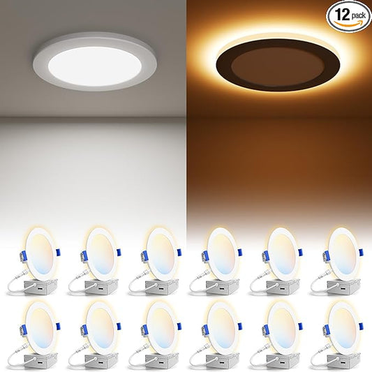 VOLISUN 12 Pack 6 Inch 5CCT Recessed Light with Night Light,Canless LED Recessed Lighting 6 inch,2700K-5000K Selectable,12W=130W,1080LM Dimmable Recessed Ceiling Wafer Lighs,ETL Certificated