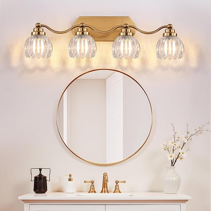 VbiTmn Gold Bathroom Light Fixtures, 4 Light Vintage Vanity Lights, Antique Brass Brushed Gold Finish, Crystal Transparent Glass Shade, Mid Century Wall Sconces for Bedroom, Living Room, Hallway