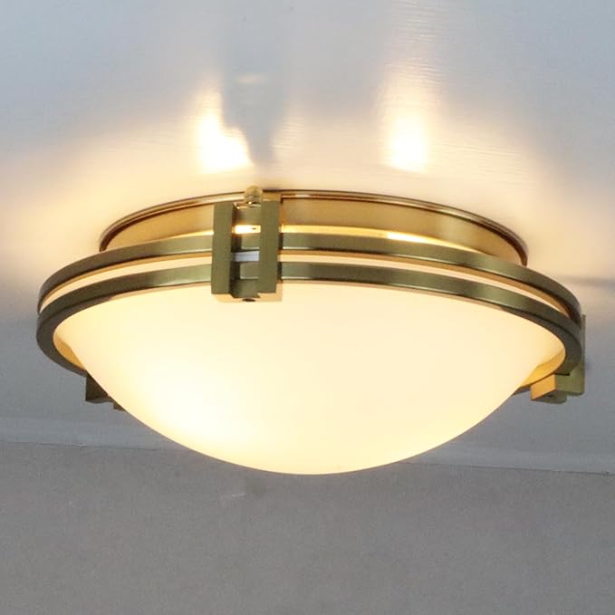 Modern Gold 2-Light Flush Mount Ceiling Light with Milk Glass 12 Inches Ceiling Light Fixtures Hardwired Mid Century Brass Flush Mount Lamp for Bedroom Hallway Kitchen