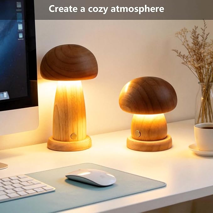 Wooden Mushroom Lamp Rechargeable, Cordless Table Lamp, Portable Mushroom Night Light for Bedroom, Studyroom, Living Room, Office, Birthday Gifts, Rubber Wood