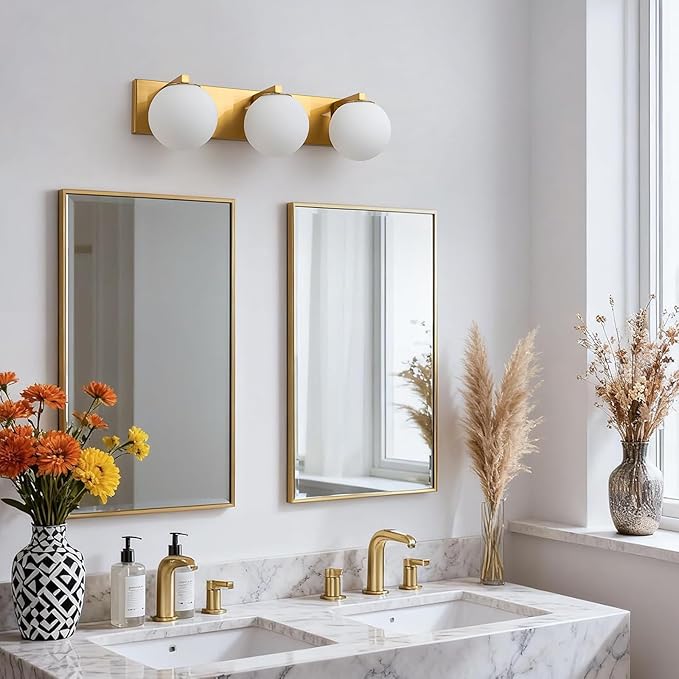 Lingkai Brushed Gold Vanity Light, 3-Light Bathroom Lighting Fixtures Above Mirror with Milky White Glass Globe Shades, Mid-Century Modern Vanity Lighting Fixtures Wall Sconce 22 Inch, E12 Socket