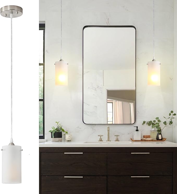 1-Light Mini Pendant Light Fixtures, Modern Chandelier Hanging Ceiling Light with White Frosted Shade, Brushed Nickel Pendant Lighting Adjustable Height, 2 Pack