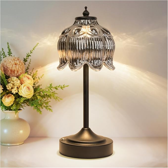Cordless Lotus Flower Table Lamp, 5200mAh Rechargeable Battery Operated Portable Lamp, 3-Color Dimmable Touch Control Small Desk Lamp for Bedroom, Office, Kitchen, Nightstand,Room Decor(Black)
