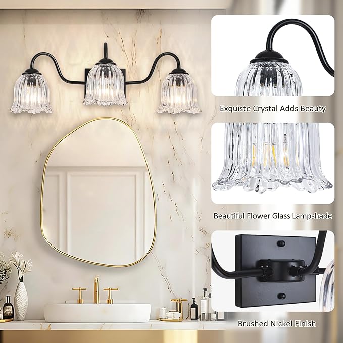 Vintage Bathroom Light Fixture, Black 3-Light Vanity Light Fixtures with Crystal Glass Shades, Matte Vanity Lighting Fixture Modern Wall Sconces for Bedroom Dressing Room Living Room