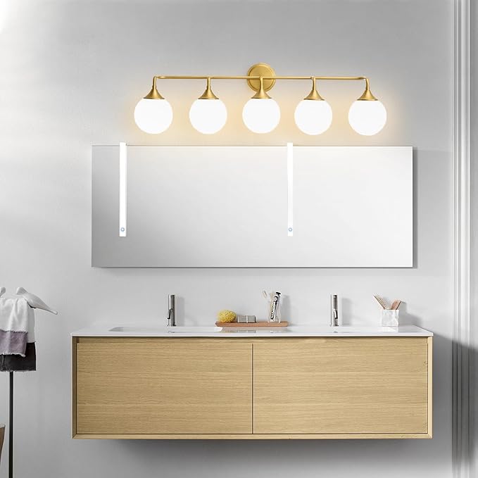 Gold Bathroom Light Fixtures, Modern Vanity Lights Over Mirror, Brushed Brass Wall Sconce Lighting 5-Light with Milky White Glass Ball Shades