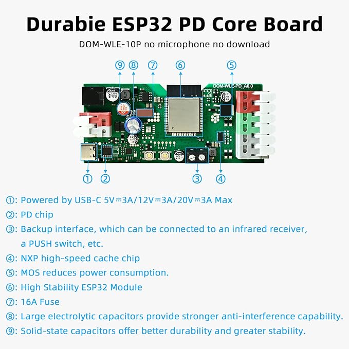 ESP32 WLED Controller with 16A Fuse for 5V-24V LED Strip Dynamic RGB IC DIY Port WiFi App Control Easy Wiring FCOB Addressable Strip Light (DOM-WLE-10P)