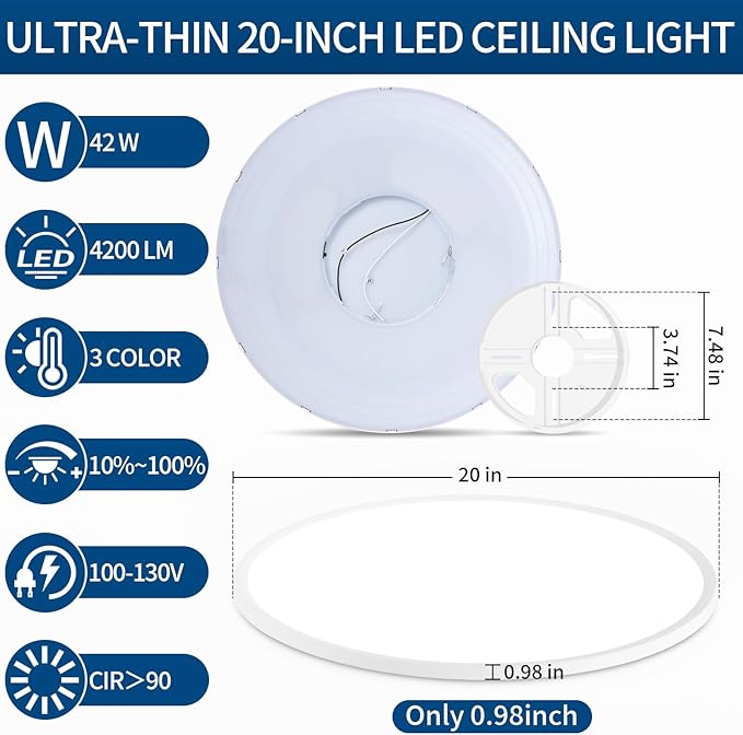 20 Inch Flush Mount Ceiling Light, 42W 4200LM, Dimmable & 3000K/4000K/6500K Selectable, Modern White Led Ceiling Light Fixture for Dining Room, Kitchen, Bedroom, Office, Hotel, Wired