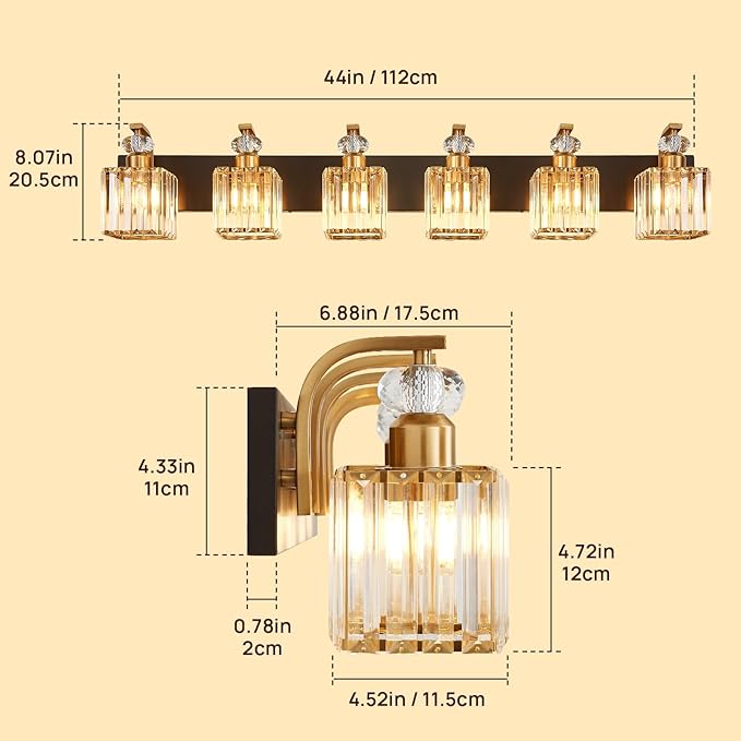 Modern Bathroom Vanity Light, 6-Light Black Gold Bathroom Lighting Fixtures Over Mirror, 44.1" Crystal Wall Light Sconce for Bathroom/Bedroom/Vanity, Includes LED Bulbs, Easy Installation
