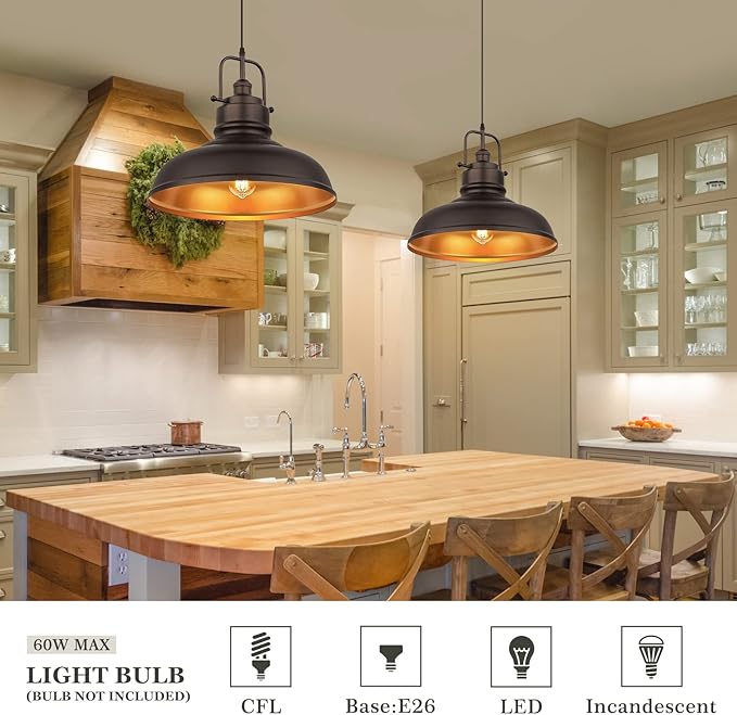 zeyu 2 Pack Large Kitchen Pendant Lights 17.7 Inch, Farmhouse Industrial Metal Dome Pendant Light for Dining Room, Oil Rubbed Bronze Finish, 016-1M-2PK ORB