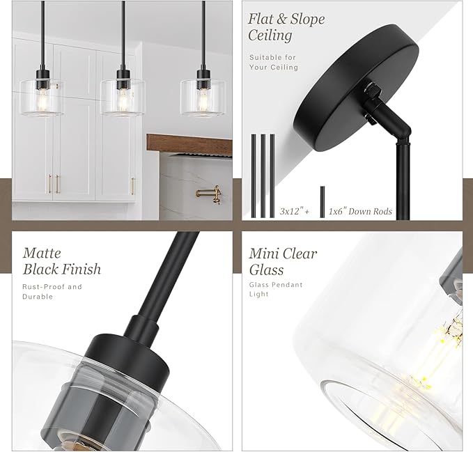 Black Pendant Lights Kitchen Island, 1-Light Modern Clear Glass Hanging Light Fixtures with Rods, Mini Kitchen Pendant Lighting Over Island for Sink Bathroom, OS-YQ8153-1PBKC