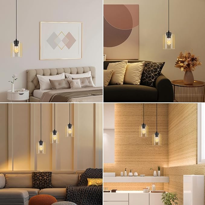 BoostArea Modern Pendant Light Fixtures, Industrial Hanging Ceiling Lamp with Clear Glass Shade, Farmhouse Black Pendant Lighting for Kitchen Island Decor Living Room Hallway Bedroom Dining（2 Pack）