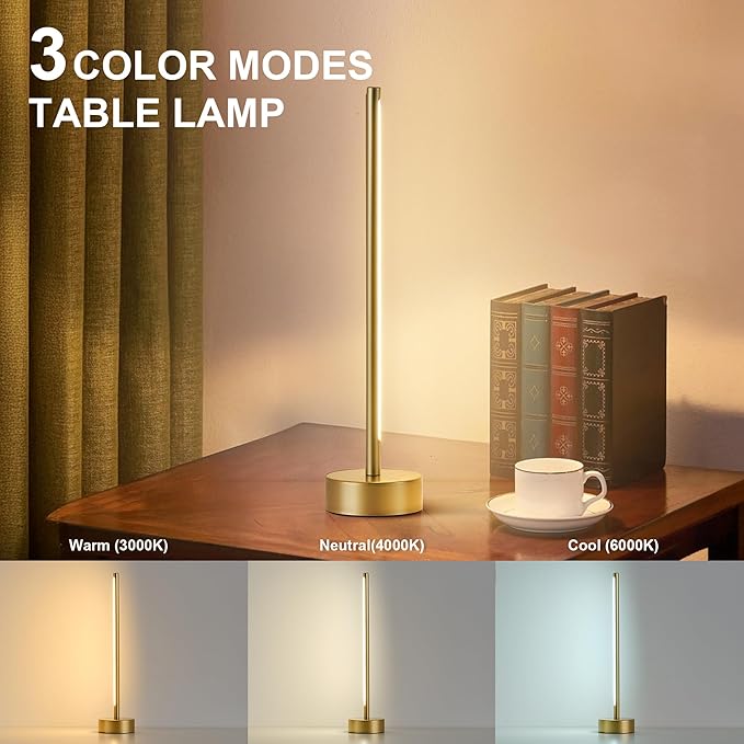 KARTOOSH Cordless LED Table Lamp, Battery Operated Portable Desk Lamp,Dimmable/3 Color/Memory Function,Modern Rechargeable Table Light for Living Room,Bedroom,Bedside,Gold