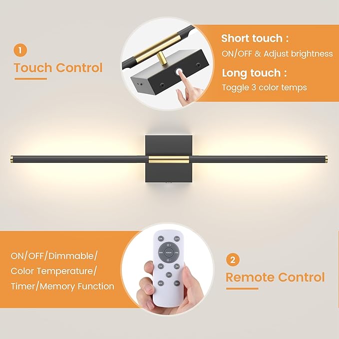 7800mAh Battery Operated Wall Sconces Set of Two, 34'' Rechargeable Wall Sconces with Remote, 360° Rotatable Battery Wall Sconce Decor, Wireless Wall Lights for Bedroom, Living Room(Black Gold)