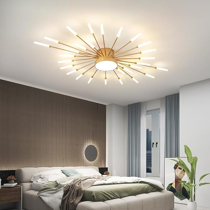 ziidoo Modern Ceiling Light, 28+1 Lights Metal Firework Designed Chic Led Lighting Fixture for Farmhouse Kitchen Dining Room Bedroom Hallway Living Room (Gold and Dark Gold)