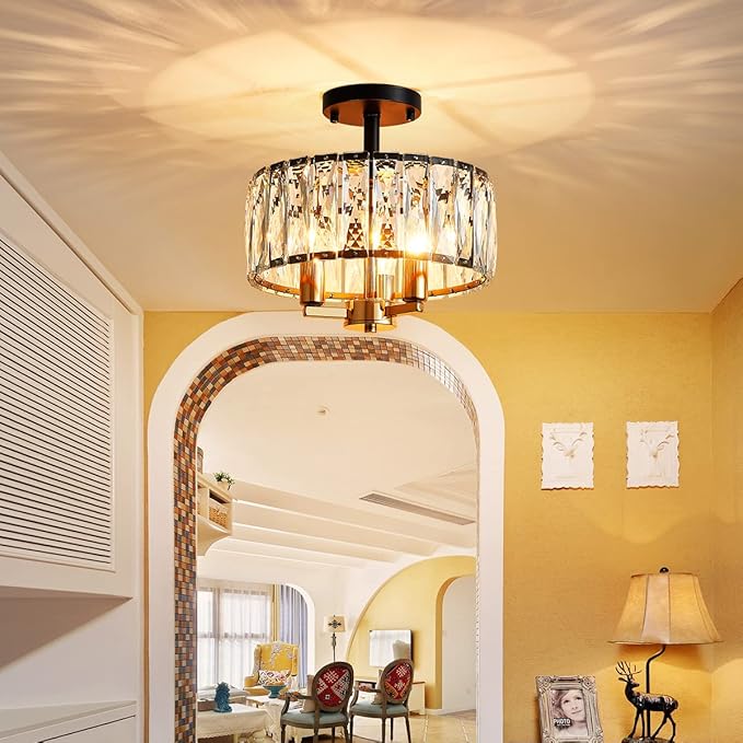 AGV LIGHTING CL003BB K9 Crystal Ceiling Light Fixture, Modern Semi Flush Ceiling Lights, Perfect for Living Room, Bedroom, Dining Room, D13 x H15, 3-Light Shine Gold & Matte Black Finish