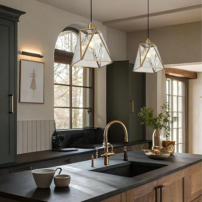 Milaii Copper Brass Pendant Light with Water Ripple Glass Lampshade 10.2" Geometric Glass Pendant Lighting Adjustable Hanging Lights Fixture for Kitchen Island Dining Room Hallway