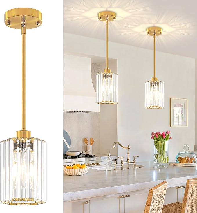 2-Pack Brushed Gold Pendant Lights Kitchen Island Modern Crystal Hanging Pendant Light Hexagonal Mini Chandelier Adjustable Hanging Kitchen Lights for Dining Room Hallway Bedroom Entryway Pendant Lamp
