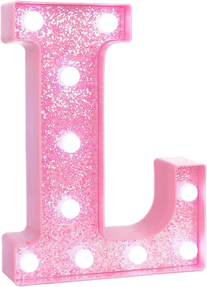 Pink Marquee Light Up Letters, Glitter Alphabet LED Letter Lights for Pink Birthday Party Decorations, Battery Operated Letter Sign for Girls Room Vanity Table Decor, Cool White Lights Letter L