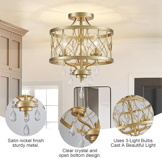 Farmhouse Crystal Ceiling Light Fixture, 3-Light Semi Flush Mount Crystal Chandelier Light Fixture Rustic Vintage Gold Pendant Ceiling Lamp for Hallway Corridor Kitchen Entryway Bedroom Living Room