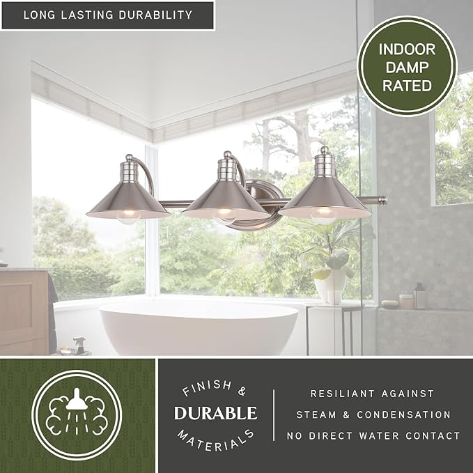 VAXCEL Akron 3-Light 28 inch Wide Satin Nickel and Matte White Farmhouse Bathroom Vanity Lighting Fixture, Metal Shade, Dimmable, LED Compatible, Over The Mirror Mounted Steel Wall Sconce