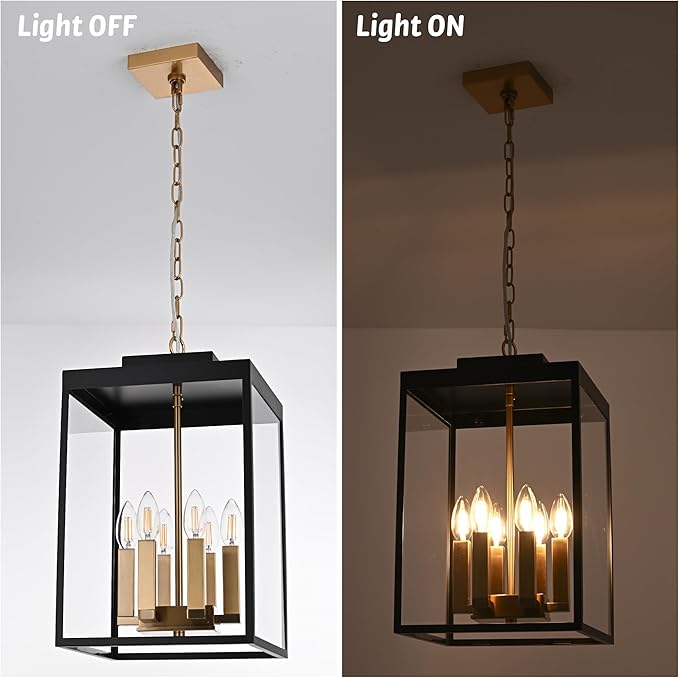 MELUCEE Large Outdoor Pendant Light Fixtures 6-Light Hanging Porch Lights Ceiling Mount 16'' Lantern Pendant Lights Black Brass Outside Chandelier with Clear Glass for Porch Patio Gazebo Entrance
