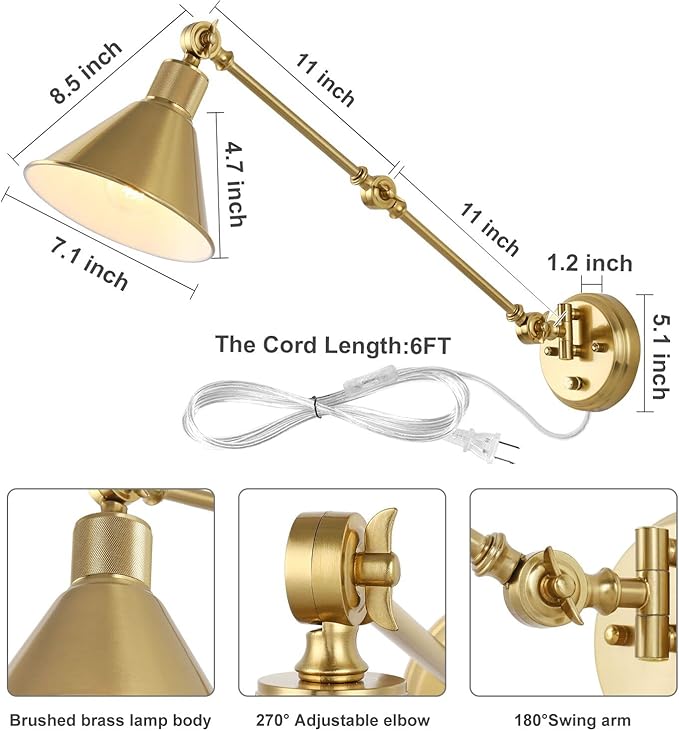 TRLIFE Wall Sconces Plug in, Dimmable Wall Sconces Brushed Brass Swing Arm Wall Lights Plug in Wall Mounted Light Industrial Wall Lights with 6FT Plug in Cord, E26 Base, UL Listed(2 Pack, 2 Bulbs)