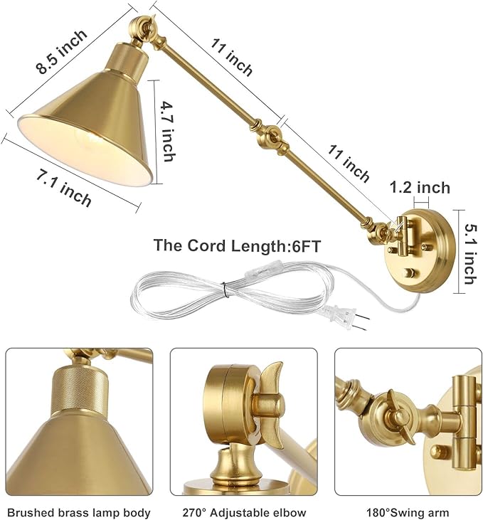 TRLIFE Wall Sconce Plug in, Brushed Brass Dimmable Wall Sconce Swing Arm Wall Lights Plug in Wall Mounted Light with 6FT Plug in Cord, E26 Base, UL Listed(1 Pack)