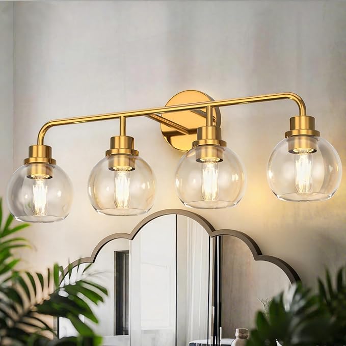 DORESshop Built to Last 20 Years Bathroom Light Fixtures, 4-Light Vanity Lights Over Mirror, Gold Wall Lamp with Clear Glass for Living Room Decor Bedroom Porch Cabinet