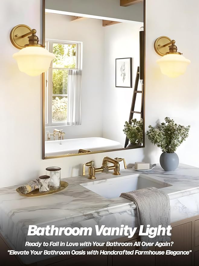 Gold Wall Sconce, Vintage Bathroom Vanity Light, Modern Frosted Milk Glass Sconces Brass Wall Lights for Living Room Bedroom Kitchen Hallway Stairway E26 Hardwire Indoor