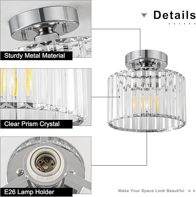 Crystal Chrome Semi Flush Mount Ceiling Light Modern Hallway Light Fixture Metal Close to Lamp for Entryway Bathroom (8.66 inch)
