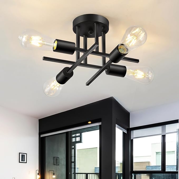 EGM 4-Light Modern Sputnik Ceiling Light Fixture, Matte Black Semi Flush Mount Ceiling Light Fixture with E26 Base, Close to Ceiling Lights for Living Room Farmhouse Kitchen Dining Room (1 Pack)