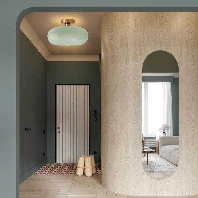 Green Glass Flush Mount Ceiling Light Nordic Modern Ceiling Lights Large Round Milk Glass Shade Gold Brass Semi Flush Mount Ceiling Light for Kitchen Hallway Bedroom Overhead Light