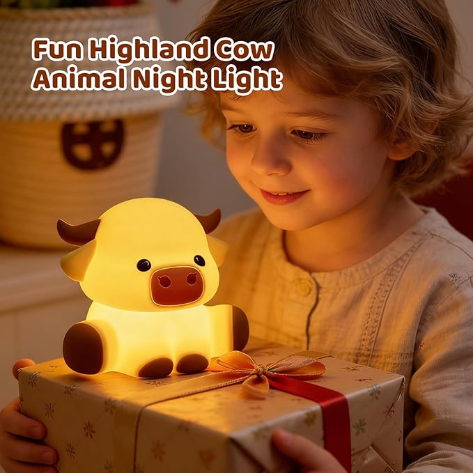 Cute Highland Cow Night Light, LED Touch Silicone Lamp for Bedroom with 7 Colors Timer and Dimmable Squishy Rechargeable Warm Light Night Lights, Animal Lamp for Bedroom Decor Birthday Gift