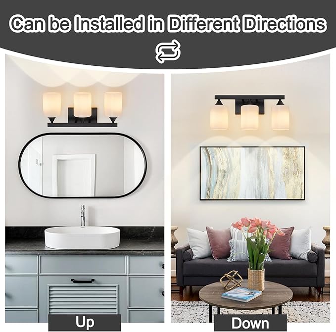 ZHU YAN Black Bathroom Vanity Lights,3-Light Bathroom Light Fixtures Over Mirror with White Frosted Glass Shades,Wall Lamp Vanity Lights for Mirror Living Room Bedroom E26 Socket