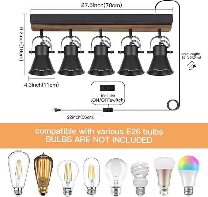 KEESFU 5-Light Plug in Track Lighting Kit,Black Semi Flush Mount Ceiling Light with 5 Rotatable Light Heads,Modern Farmhouse Lighting for Livingroom,Bedroom,Hallway,Art Wall,Bathroom,Kitchen.