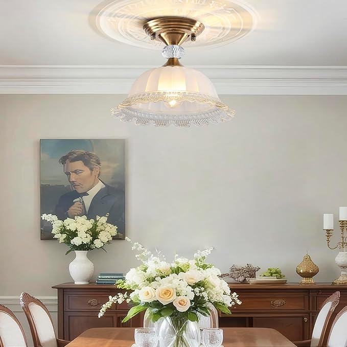 10.6" Milk Glass Semi Flush Mount Light Fixture Brass Gold Modern Hallway Light Vintage Close to Ceiling Light for Bedroom Entryway Kitchen Sink Porch