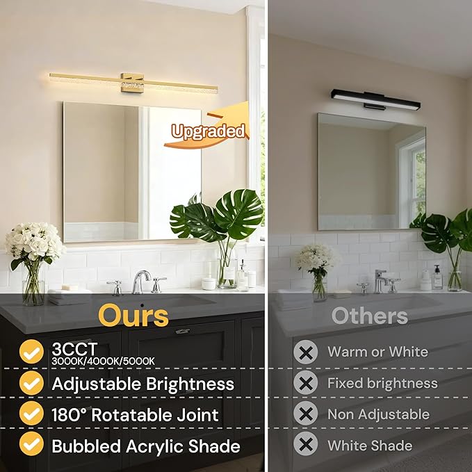 L LOHAS LED 48-Inch Bathroom Vanity Light Bar Over Mirror, Gold Modern Bathroom Light Fixtures with Bubbled Acrylic Shade, 3CCT Adjustable LED Vanity Lights for Living Room Wall