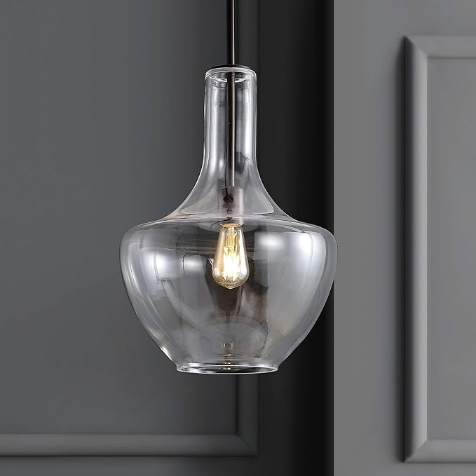 JONATHAN Y 13.25" Oil Rubbed Bronze/Clear Mid-Century Modern 1-Light LED Pendant Light Fixture, Adjustable Schoolhouse Hanging Lamp for Kitchen Island, Clear Glass Shade, LED Bulb Included (JYL6401B)