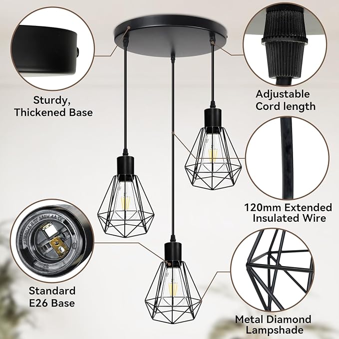 LTBLIGHT 3-Light Farmhouse Pendant Light Fixture, Vintage Hanging Lights with 1.2m Adjustable Cord, Ceiling Lighting for Kitchen Island Dining Room Hallway, E26 Base (Bulbs Not Included)
