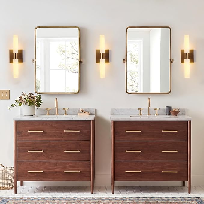 KUZZULL Modern Wall Sconces, Set of 2 Brushed Brass Gold, Frosted Glass Shade, Indoor Wall Mounted Lights, Bathroom Sconces, 36 cm, for Bedroom Wall Lamp