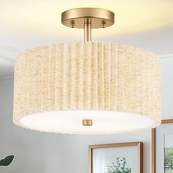 Gold Semi Flush Mount Ceiling Lights, 3-Light 12.5" Light Fixtures Ceiling Mount with Pleated Linen Fabric Shade, Drum Lighting Fixture for Hallway Nursery Bedroom Kitchen, AD-25036-3SF-GD-B