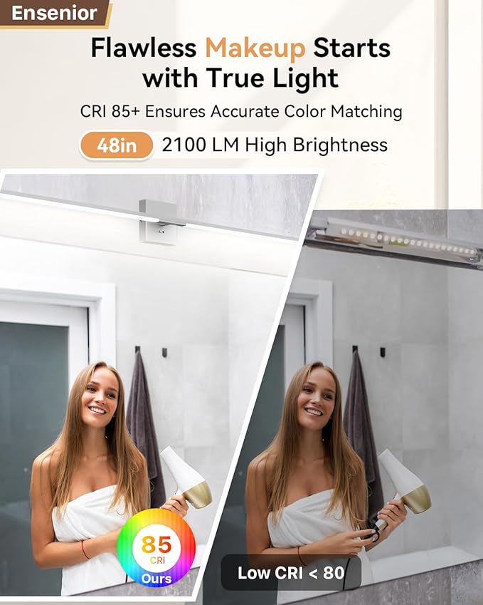 Ensenior Modern Bathroom Vanity Light 48 Inch, Built-in Dimmer, 28W Dimmable 5CCT LED Light Fixture Over Mirror, Baked-on Matte Grey Vanity Lights for Mirror Cabinets Bedroom - FCC & ETL Certificated